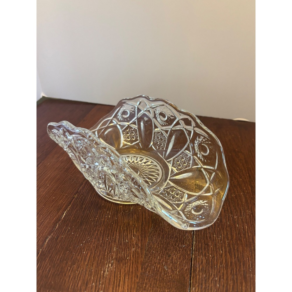 Vintage Clear Pressed Glass Banana Boat Bowl Scalloped Starburst Centerpiece